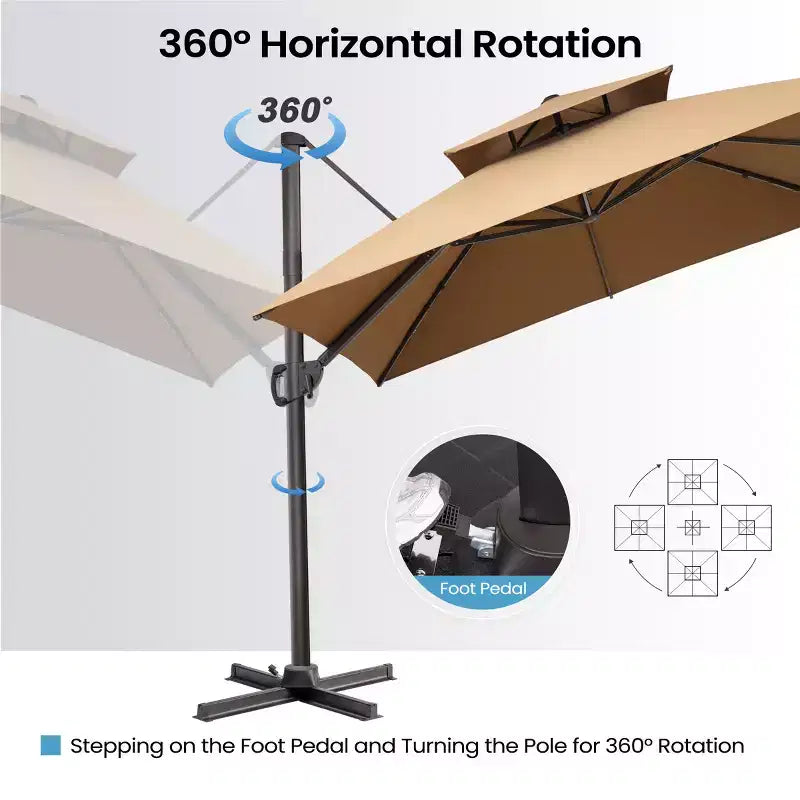 Parasol de terrasse déporté cantilever 360° à deux niveaux, de 3 mètres, avec base lestée