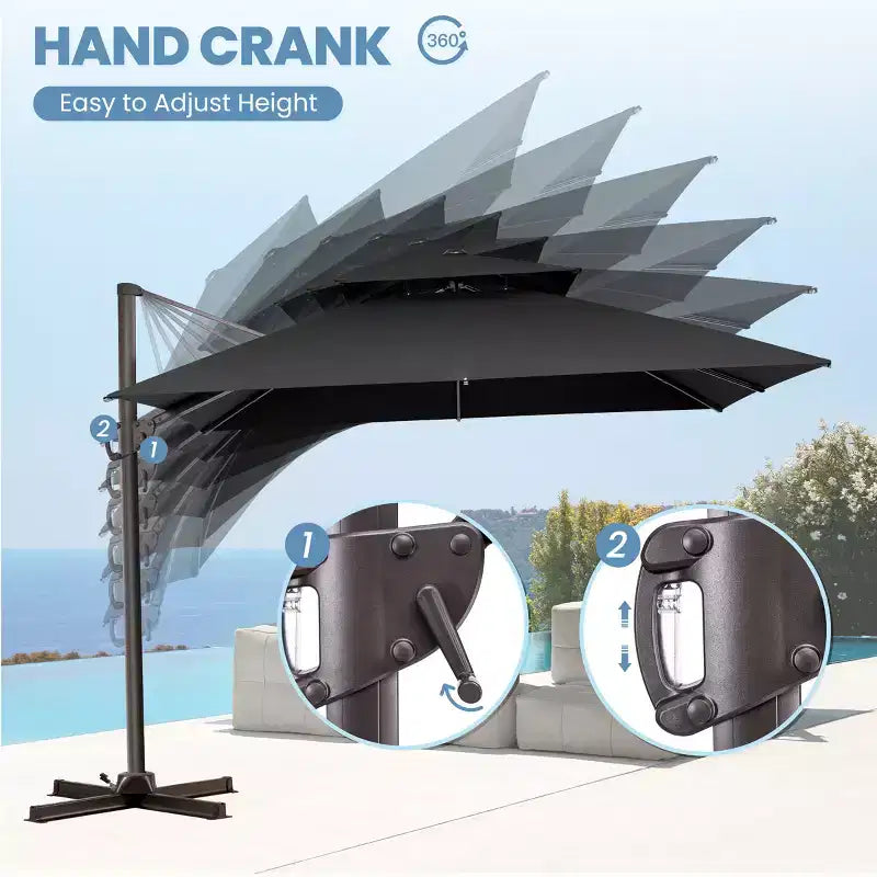 Parasol de terrasse déporté cantilever 360° à deux niveaux, de 3 mètres, avec base lestée