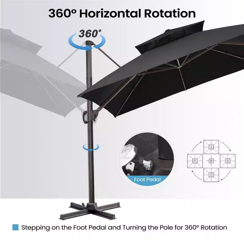 Parasol de terrasse déporté cantilever 360° à deux niveaux, de 3 mètres, avec base lestée