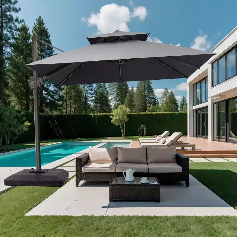 Parasol de terrasse déporté cantilever 360° à deux niveaux, de 3 mètres, avec base lestée