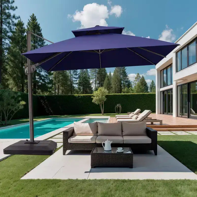 Parasol de terrasse déporté cantilever 360° à deux niveaux, de 3 mètres, avec base lestée