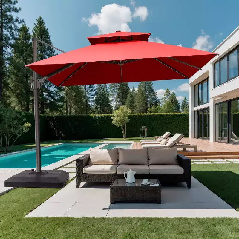 Parasol de terrasse déporté cantilever 360° à deux niveaux, de 3 mètres, avec base lestée