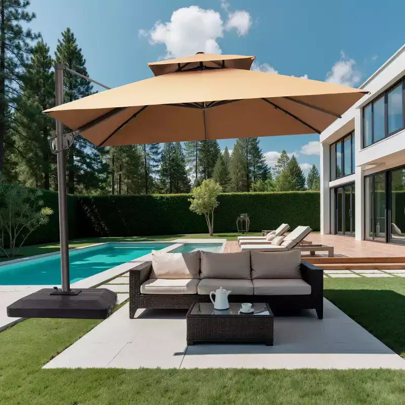 Parasol de terrasse déporté cantilever 360° à deux niveaux, de 3 mètres, avec base lestée